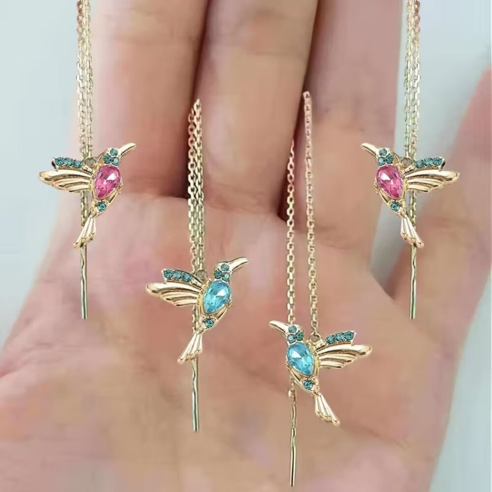New Womens Hummingbird Dangle Crystal Earrings in Blue or Pink